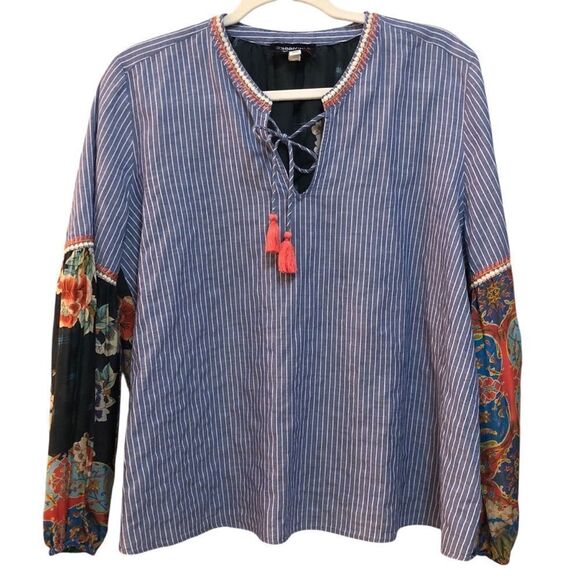 Johnny Was Women’s Top Sz S Silk Embroidered Floral Blue striped Relaxed Blouse - Picture 1 of 7
